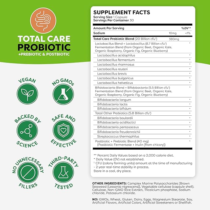 Probulin Total Care Probiotic Supplement, Daily Gut, Digestive, and Immune Health Probiotics Capsules for Men and Women, 20 Billion CFU, Vegan, 30 Count Bottle