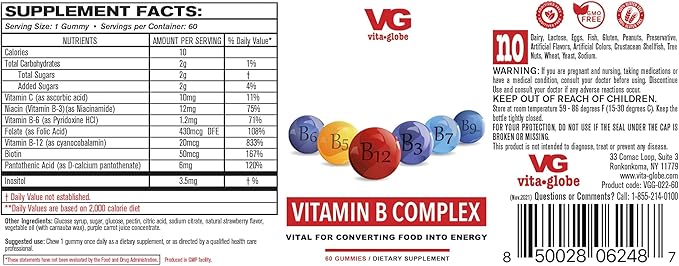 VitaGlobe B Complex Gummy - Strawberry Flavor with Vitamin C, Niacin, B6, B12 & Biotin for Energy, Heart Health and Brain Support, 120 Count (Pack of 2)