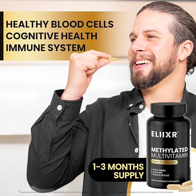 Eliixr Methylated Multivitamin Supplement for Men and Women with Active Methyl B12 and 5-MTHF Methylfolate 90 Vegetable Capsules Iron Free Made in The USA