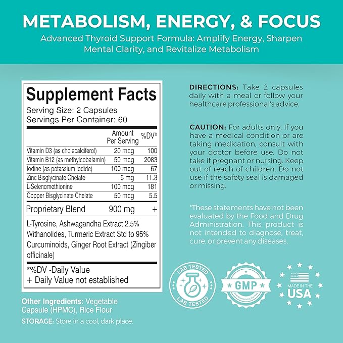 Advanced Thyroid Support, 2 Month Supply – Supports Energy, Focus & Hormone Balance – with Iodine, Selenium, Ashwagandha & L-Tyrosine (Vegetarian, Non-GMO)