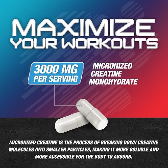 Creatine Monohydrate Capsules 3000mg – Micronized Creatine Supplement for Strength, Lean Muscle Growth, Workout Performance & Endurance Support – Athletic Recovery Support & Gluten Free – 120 Capsules