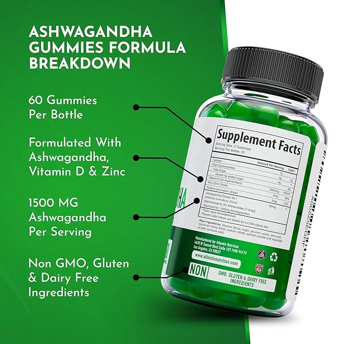 Atlantis Nutrition Ashwagandha Gummies - 1500 MG Per Serving - Promotes Calmness, Improves Mood, Boosts Energy Levels & Strengthens Immune System - Formulated with Vitamin D & Zinc - Vegan | 60 Count