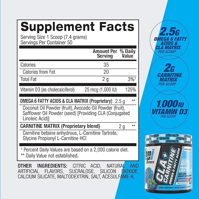 BPI Sports CLA + Carnitine – Conjugated Linoleic Acid – Weight Loss Formula – Metabolism, Performance, Lean Muscle – Caffeine Free – for Men & Women – Blue Raspberry – 50 Servings – 12.34 oz.