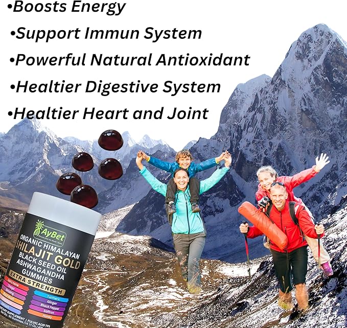 Organic Pure Himalayan Shilajit Gold Gummies for Men and Women, Black Seed Oil, Ashwagandha, Ginseng, Turmeric, Gokshura, Lion's None, Lab Tested,%75 Fulvic Acid, No Sugar Added, Halal, 90Gummy