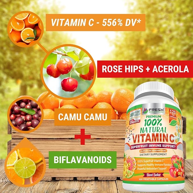 Fresh Healthcare 100% Natural Vitamin C - 500mg from Rose HIPS, Acerola Cherry & Camu Camu - High Absorption Immune Support, Skin, Joint & Collagen Booster with Citrus Biflavonoids - 120 Capsules