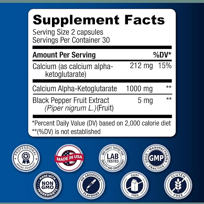 LongJuvity Calcium Alpha-Ketoglutarate AKG Supplement (1,000mg Per Serving) - Gut Heath, Bone Health, Anti Aging & Longevity - Independently Lab Tested (60 Enteric Coated Capsules)