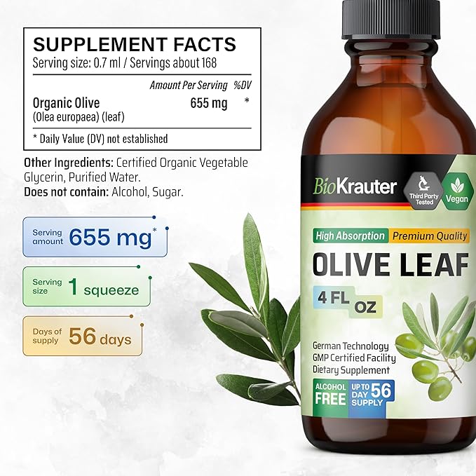 BIO KRAUTER Olive Leaf Extract Liquid - Olive Leaf Tincture for Immune Support - Alcohol and Sugar Free - Vegan Drops 4 Fl.Oz.