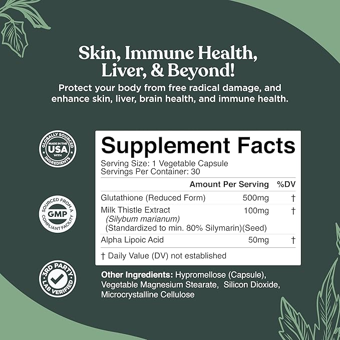 Pure Glutathione Supplement 500 mg GSH - Pure Skin Whitening Pills Natural Antioxidant with Milk Thistle Extract Silymarin Liver Health Alpha Lipoic Acid Amino - 30 Veg Capsules by Nature Bound