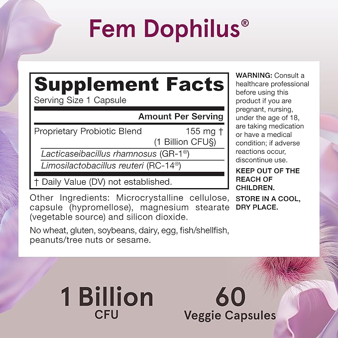 Jarrow Formulas Fem-Dophilus Probiotics 1 Billion CFU With 2 Clinically Effective Strains, Dietary Supplement for Vaginal Health and Urinary Tract Health, 60 Veggie Capsules, 60 Day Supply