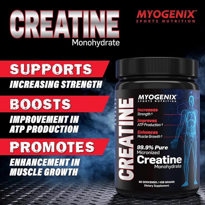 Myogenix Creatine Monohydrate for Muscle Growth Creatine Monohydrate Powder, Nutritional Supplement to Increase Strength, Improves ATP Production, Pure Creatine Powder (80 Servings/400G)