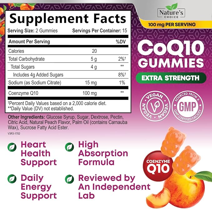 CoQ10 100mg Gummies - 3X Better Absorption, Antioxidant for Heart Health Support & Energy Production, Ultra Coenzyme Q10 Vitamins, Co q 10 Supplement, Dietary Supplement, Non-GMO - 30 CoQ10 Gummies
