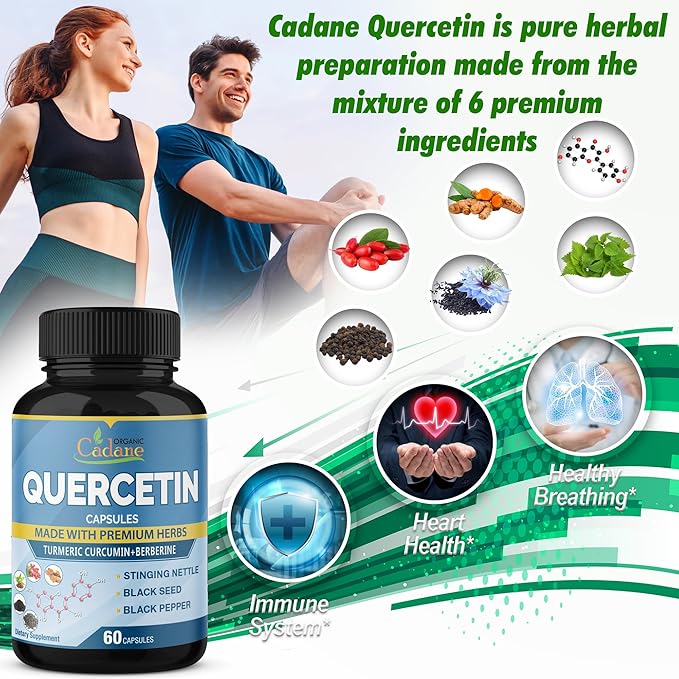 Organic Cadane 2 Packs Quercetin Supplements Capsules, 6in1 with Turmeric, Berberine, Stinging Nettle, Black Seed, Black Pepper - Supports Immune System - 4 Months Supply