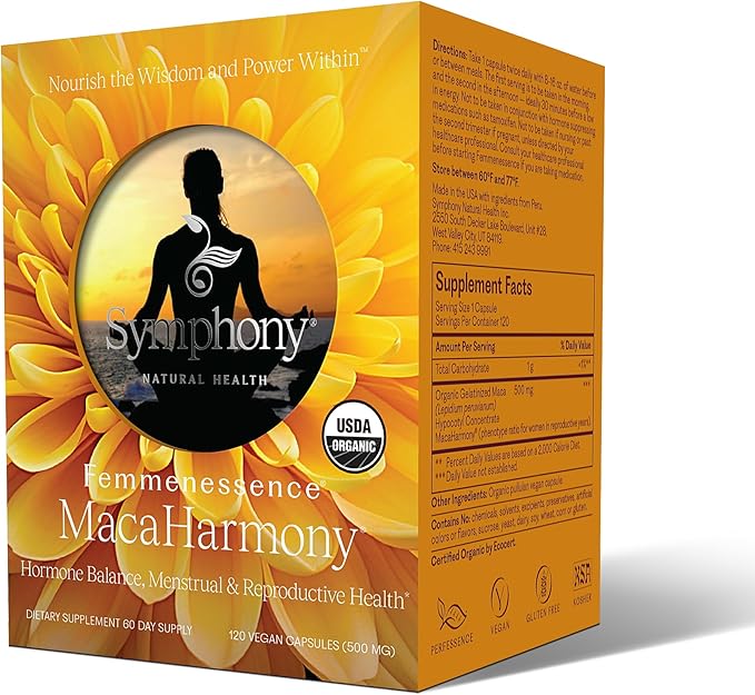 Femmenessence MacaHarmony – Scientifically Proven to Support Natural Hormone Balance for Women, Regular Menstrual Cycle, PMS, Acne, Mood, Fertility, 120 Natural Organic Maca Vegan Caps, 60-Day Supply