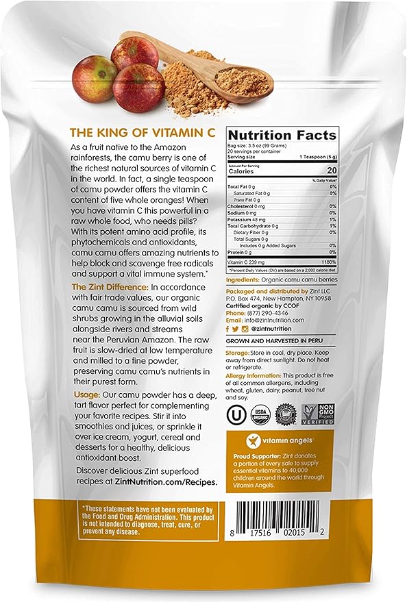 Zint Camu Camu Powder Organic | Superfood Powder | Organic Fruit Ingredient | Antioxidants Source Perfect for Smoothies, Juices, Ice Creams | Non-GMO, Gluten-Free, Kosher | 3.5 oz