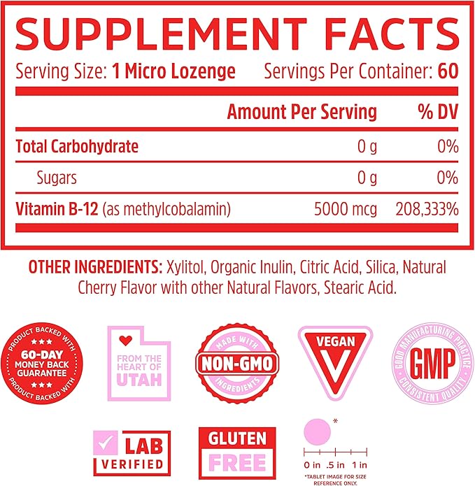 Zhou Methyl B12 - Methyl B-12 Supplement for Women & Men, Vitamin B12 5000 mcg, Vegan Friendly, Cellular Energy and Nerve Function Support, Methylcobalamin - 60 Micro Lozenges