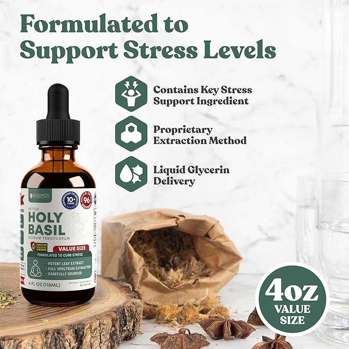 Rejuvica Health Active Holy Basil - Advanced Stress Support Supplement - Made with Holy Basil Leaves - Liquid Extract for Better Absorption