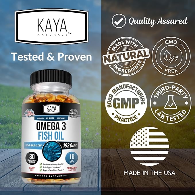 Kaya Naturals Omega 3 Supplement - Nature Made Omega 3 Fish Oil - 100% Pure Sea-Harvested Pelagic Fish Oil with No Fishy Aftertaste - 30 Count Softgels