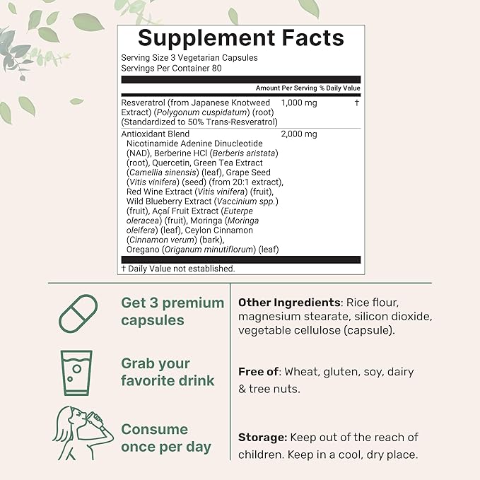 Micro Ingredients Resveratrol NAD + Supplement 3,000mg, 240 Veggie Capsules | 11-in-1 Antioxidant Blend of Grape Seed, Berberine, Quercetin, Moringa, & More | Immune, Heart, & Brain Support