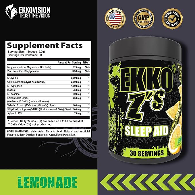 EKKO Z’S Sleep Aid Formula, Lemonade Flavor, Sleep Support Powder with Magnesium Bisglycinate, Zinc, GABA, L Theanine, Melatonin, Adaptogens, Relaxation Support for Men & Women, 30 Servings
