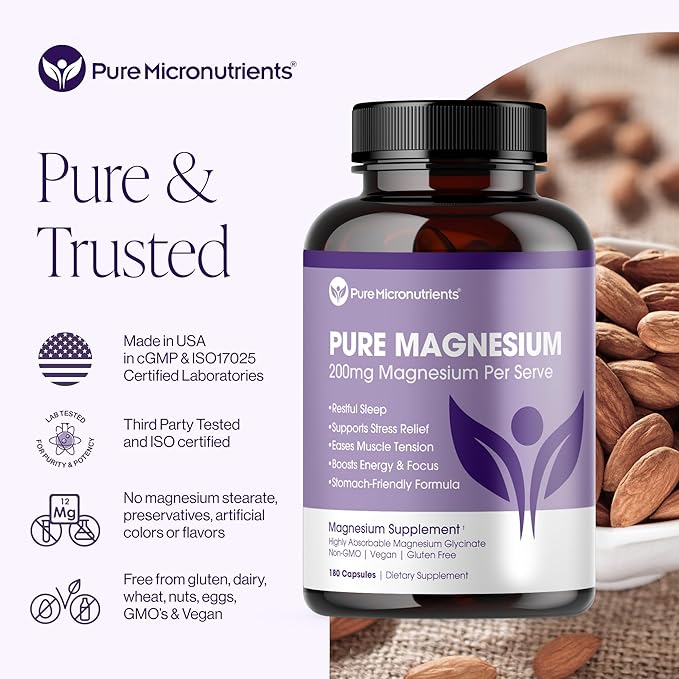 Pure Micronutrients Magnesium Glycinate Supplement (Chelated) 200mg Per Serve, 180 Count