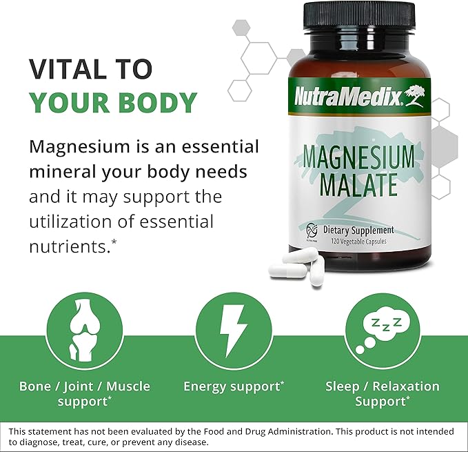 NutraMedix Magnesium Malate Energy Supplements - Bioavailable Magnesium for Sleep, Immune Support & Joint Health - Vegan, Non-GMO & Gluten-Free Magnesium Supplements (120 Vegetarian Capsules)