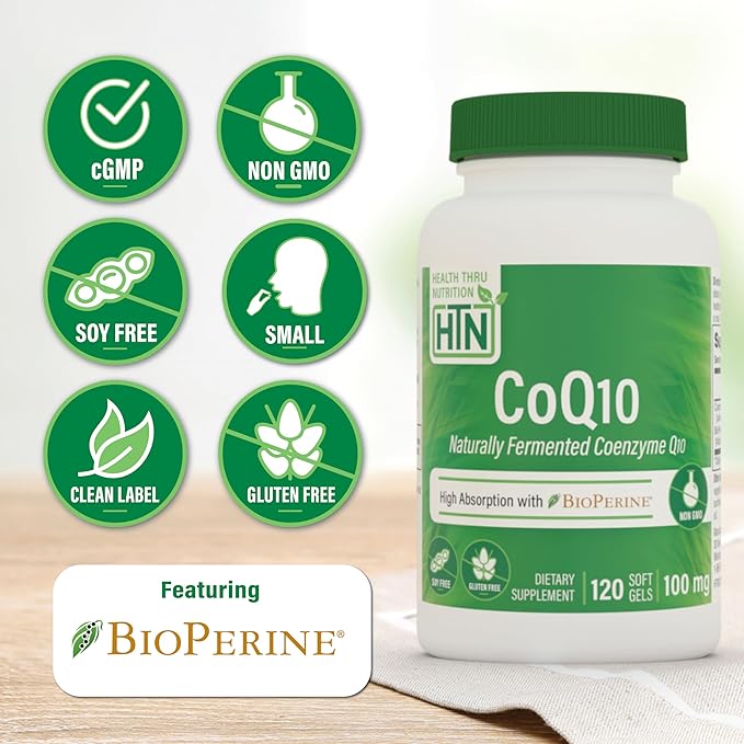 Health Thru Nutrition CoQ-10 100mg with BioPerine 120 Softgels | High Absorption Naturally Fermented USP Grade Coenzyme Q10 Supplement | 3rd Party Tested | Heart Health and Energy Support