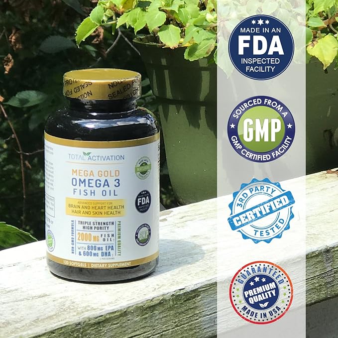 Omega 3 Burpless Max Strength Fish Oil Supplement, Dr. Formula 2000 mg with Vitamin E, 800 mg EPA 600 mg DHA Ultimate Brain, Hair Support Men & Women, Non-GMO 120 Small Liquid Rapid Release Softgels