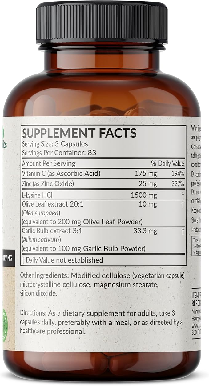 Futurebiotics L-Lysine Defense Immune Support Complex 1500 MG Per Serving with Vitamin C, Zinc, Olive Leaf & Garlic - Non-GMO, 250 Vegetarian Capsules