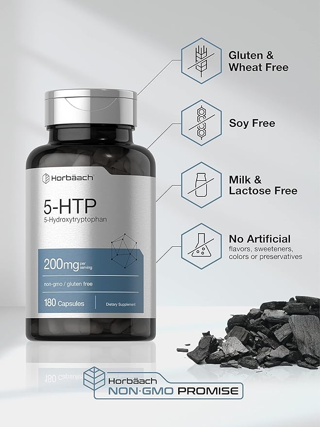 Horbäach 5HTP 200mg Supplement | 180 Capsules | 5 Hydroxytryptophan | Griffonia Simplicifolia | Extra Strength | Non-GMO, Gluten Free