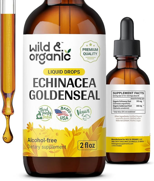 Wild & Organic Echinacea Goldenseal Liquid Drops - Immune Support Supplement w/Goldenseal Echinacea Root Extract - Vegan, Sugar & Alcohol-Free Tincture - 2 fl oz