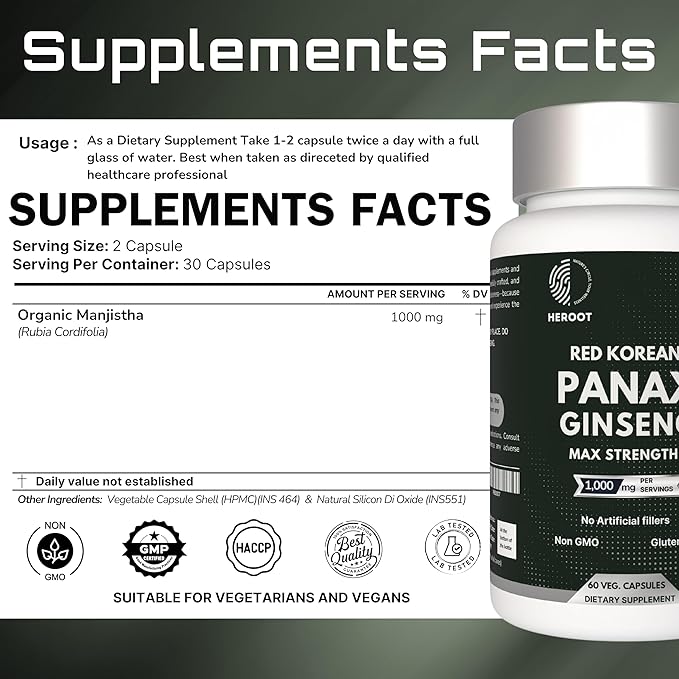 Panax Ginseng Capsule 500 MG Per Serving Energy, Memory & Brain Health Support, Non-GMO (Pack of 60 Capsule)