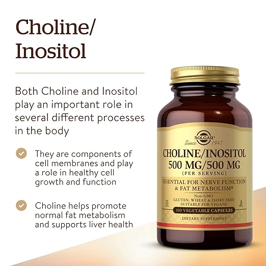 Solgar Choline/Inositol 500 mg/500 mg, 100 Vegetable Capsules - Energy Metabolism, Liver Health, Essential for Brain & Nerve Function - Non-GMO, Vegan, Gluten Free, Dairy Free, Kosher - 50 Servings
