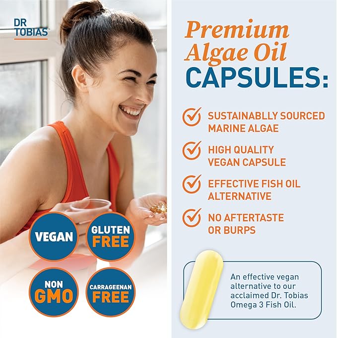 Dr. Tobias Vegan Omega 3 Supplement, 1400mg Algae Oil, 420mg DHA, and 210mg EPA per Serving, Non-GMO, Gluten-Free, Carrageenan-Free, 60 Capsules, 30 Servings