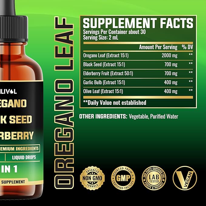 5in1 Oregano Oil Liquid Drops with Black Seed, Elderberry, Garlic, Olive Leaf - Immune Support Supplement - 2 Fl Oz