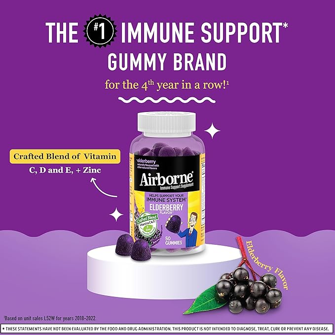 Airborne Elderberry + Zinc & Vitamin C Gummies For Adults, Immune Support Vitamin D & Zinc Gummies With Powerful Antioxidant Vitamins C D & E - 50 Gummies, Elderberry Flavor