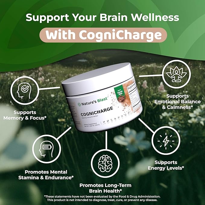 CogniCharge Brain Supplements for Memory, Focus & Clarity - with Bacopa Monnieri Extract, Guarana Powder, Niacin, L-Tyrosine, Alpha GPC, GABA & More - 3.63 Oz - 30 Servings - Cocoa Mist Flavor