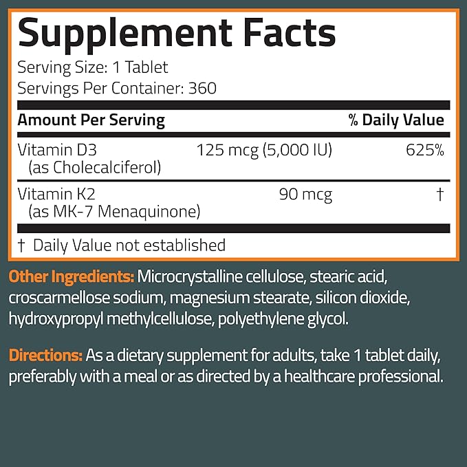 Bronson Vitamin K2 D3 (MK7) Supplement Non-GMO Formula Vitamin D3 5000IU (125 mcg) & 90 mcg K2 MK-7, Easy to Swallow D & K Complex, 360 Tablets