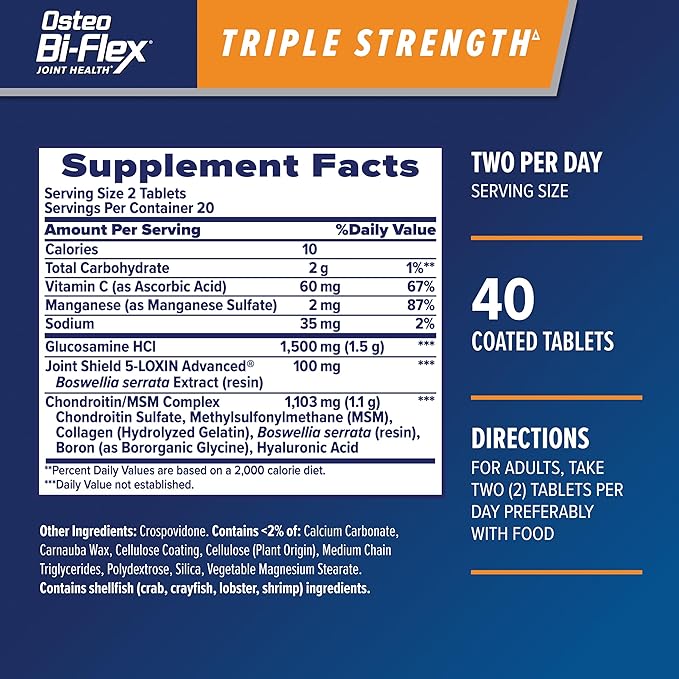 Osteo Bi-Flex Triple Strength(5), Glucosamine Chondroitin with Vitamin C Joint Health Supplement, Coated Tablets, 40 Count