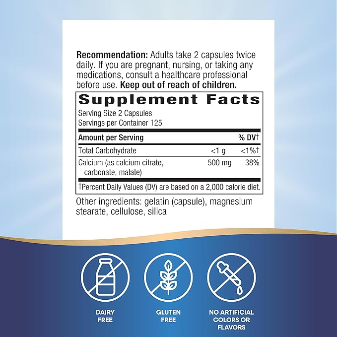 Nature's Way Calcium Citrate, 500 mg Calcium per 2-Capsule Serving, for Bone Health & Muscle Function*, Blend of Citrate, Carbonate & Malate, Gluten Free, 250 Capsules (Packaging May Vary)