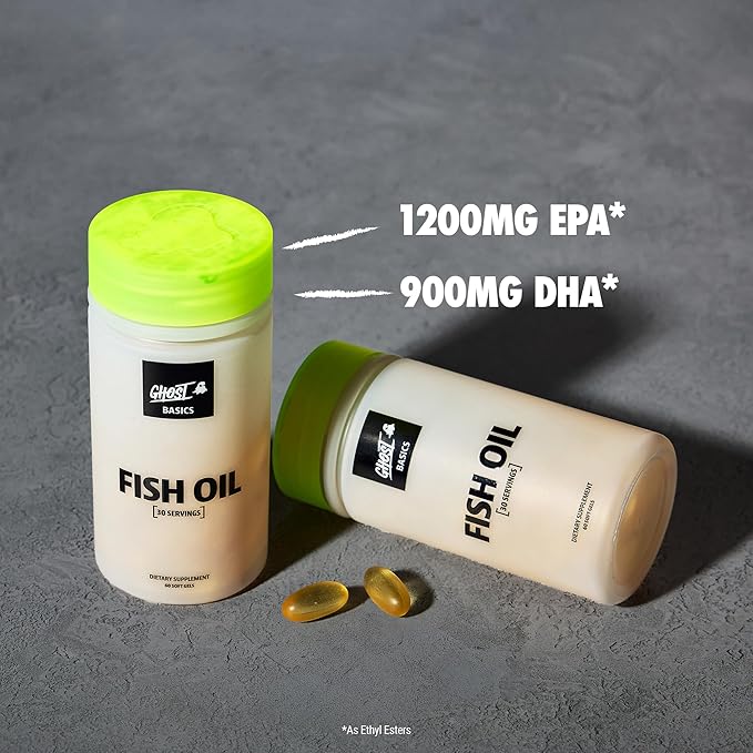 GHOST Basics Fish Oil Supplement, 3000MG Daily Omega 3 Fatty Acids with DHA & EPA for Brain, Heart Health & Immunity Support - Gluten-Free & Soy-Free - 60 Enteric Coated Softgels