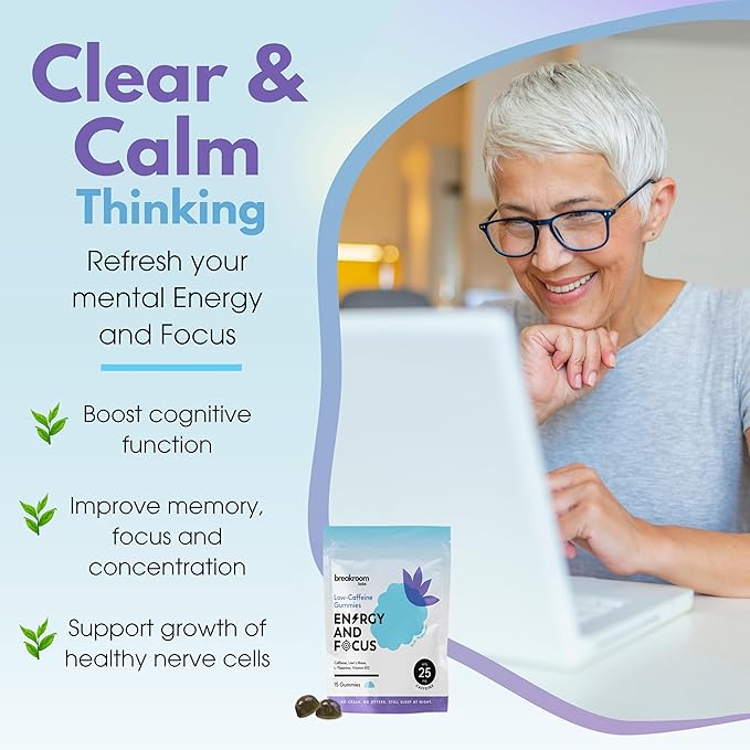 Energy and Focus Gummies – Low Caffeine 25mg w/L-Theanine, Lions Mane, Vitamin B12 – Nootropic Brain Supplement for Adults, Kids - Vegan, Low Sugar, Blue Raspberry Flavor, 15 Servings