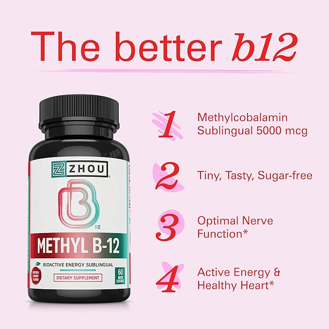 Zhou Methyl B12 - Methyl B-12 Supplement for Women & Men, Vitamin B12 5000 mcg, Vegan Friendly, Cellular Energy and Nerve Function Support, Methylcobalamin - 60 Micro Lozenges