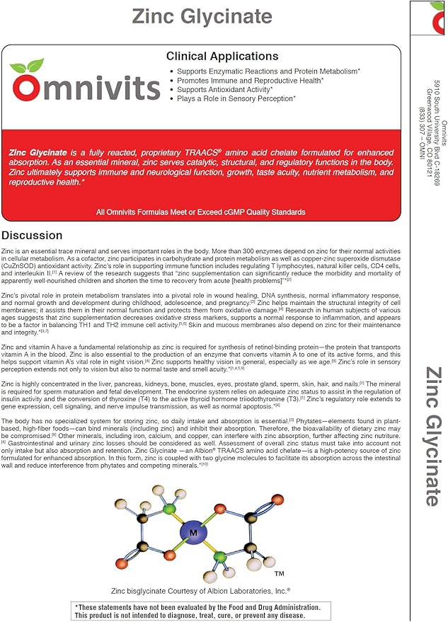 Zinc Glycinate | Zinc Bisglycinate Chelate 20mg | Immune Support, Antioxidant | 120 Vegetarian Capsules | Omnivits