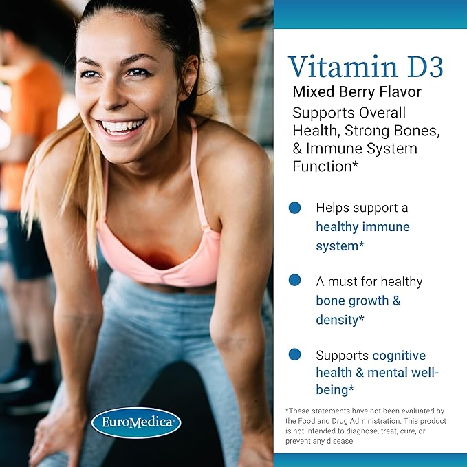 EuroMedica Vitamin D3 - Bone Health & Bone Strength Support Supplement - Dietary Supplement for Immune System & Brain Support - 5,000 IU Vitamin D Tablets with Mixed Berry Flavor - 90 Chewable Tablets