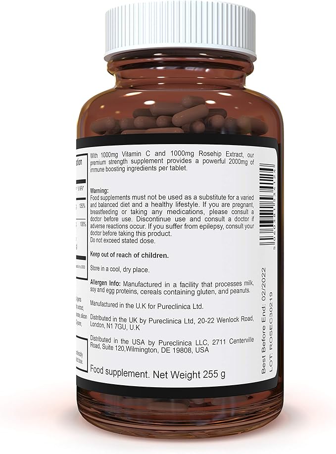 pureclinica Vitamin C with Rosehip – 2000mg (1000mg VIT C & 1000mg Rosehip Extract) x 360 Tablets – 1 Years Supply!