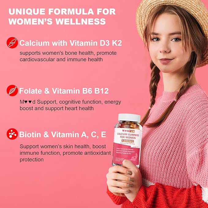 Calcium Gummies for Women 1200 mg, Unique Formula with Folate, B6, B12, D3, Magnesium, Zinc, Calcium Citrate Chewable Supplement for Bone, Skin Health, 120 Count