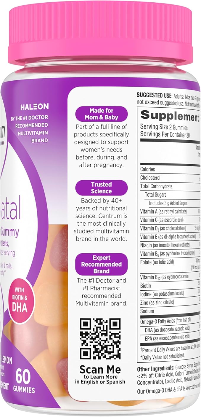 Centrum Postnatal Multivitamin Gummies with Biotin and DHA, Mixed Berry and Lemon Flavors - 60 Count, 30 Day Supply