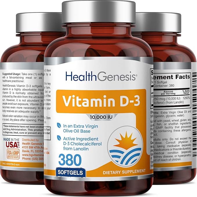 Vitamin D-3 10000 IU 380 Softgels - High-Potency in Extra Virgin Olive Oil Non-GMO Soy-Free Supports Strong Bones Immune Health