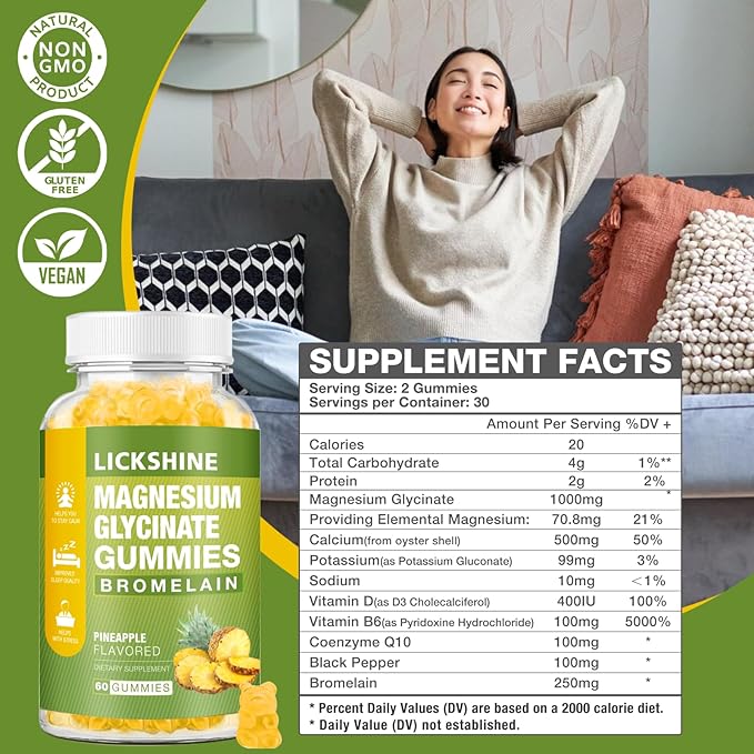 1 Pack Magnesium Glycinate Gummies 1000mg, Calcium, Potassium, Bromelain, Vitamin D, B6, CoQ10 Supplement for Relaxation, Calm Mood, Stress Relief and Sleep for Adults & Kids, 60 Counts