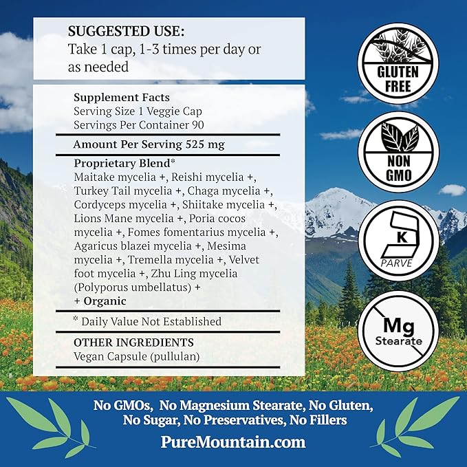 Pure Mountain Botanicals Mushroom Immune - 90 Kosher Capsules with 14 Powerful Mycelium Including Certified Organic Maitake - Reishi - Turkey Tail - Chaga - Cordyceps - Shiitake - Lions Mane